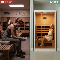 2 Person Extendable FAR Infrared Sauna for Home, Hemlock Wood Low EMF 6 Carbon Heaters Indoor Saunas with LED Lights, Bluetooth Speaker, Digital Control Panel, and Seating Bench — Before & After