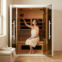 2 Person Extendable FAR Infrared Sauna for Home, Hemlock Wood Low EMF 6 Carbon Heaters Indoor Saunas with LED Lights, Bluetooth Speaker, Digital Control Panel, and Seating Bench — Lifestyle