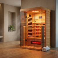 Full Spectrum Infrared Sauna，1-2 Person Home Sauna，Wooden Canadian Hemlock Indoor Spa Sauna with Resonance Speaker, Panoramic Tempered Glass Door — Studio Shot