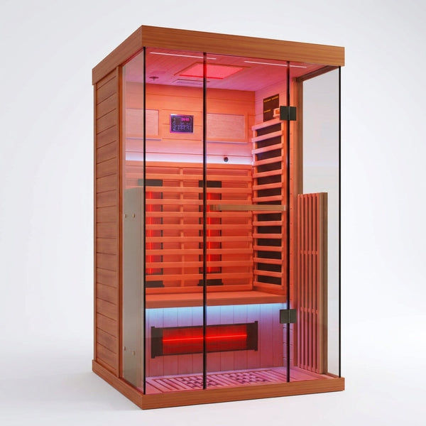Full Spectrum Infrared Sauna，1-2 Person Home Sauna，Wooden Canadian Hemlock Indoor Spa Sauna with Resonance Speaker, Panoramic Tempered Glass Door — Studio Shot