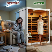 Infrared Sauna Built for Home Relaxation, 2 Person Hemlock Wood, 6 Carbon Heaters, Low EMF Digital Control — Before & After
