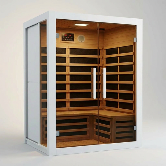 Infrared Sauna Built for Home Relaxation, 2 Person Hemlock Wood, 6 Carbon Heaters, Low EMF Digital Control — Studio Shot